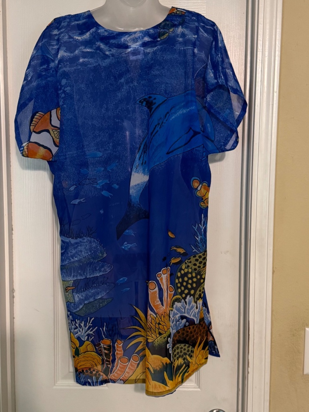 Vintage Barefoot Attitude Blue Dolphin Beach Cover Up Tunic Size M - Picture 3 of 11